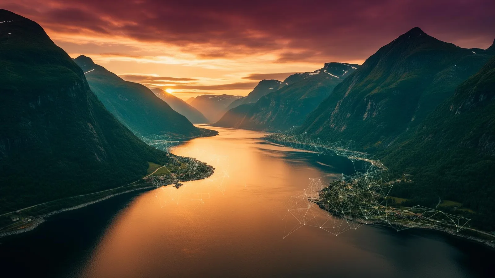 Topographic map of Norway dissolving into a network of luminous data nodes